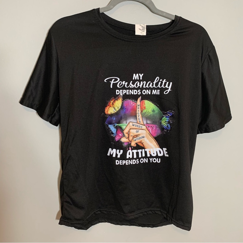 Womens Black Graphic Tee Rainbow Lips Butterfly Attitude Statement T-Shirt L